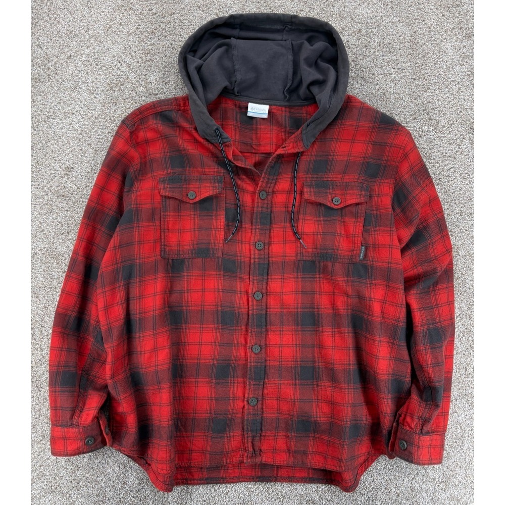 Columbia Flare Gun Button-Up Flannel Hoodie Men's XXL Red Black Plaid Cotton 2XL